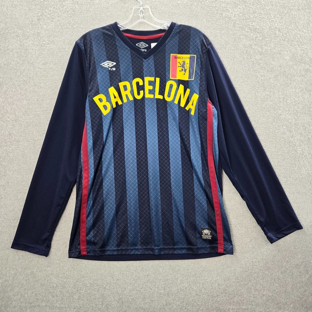 Umbro Barcelona Men Jersey Medium Blue Logo Soccer Long Sleeve V Neck READ